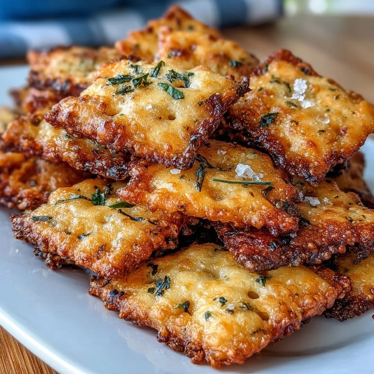 A stack of crunchy, golden-brown crackers infused with zesty ranch seasoning and rich cheddar, ideal for sharing during the big game.
