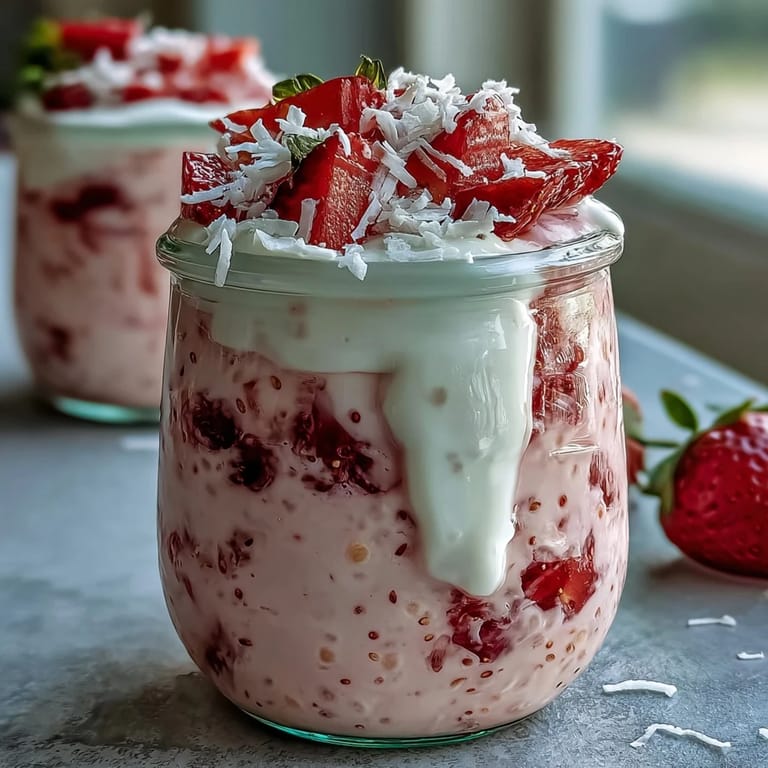 Vibrant overnight oats layered with juicy strawberries and coconut milk, topped with shredded coconut and yogurt for a refreshing spring morning treat.