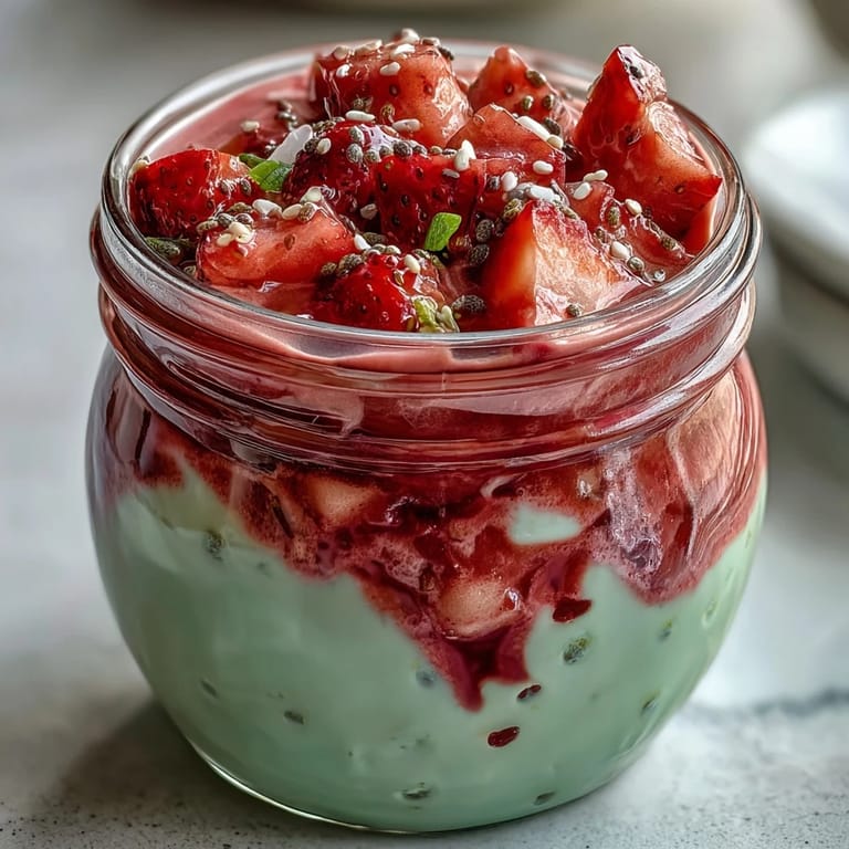 Matcha green tea and strawberry overnight oats, beautifully layered in mason jars for a healthy, colorful morning meal.