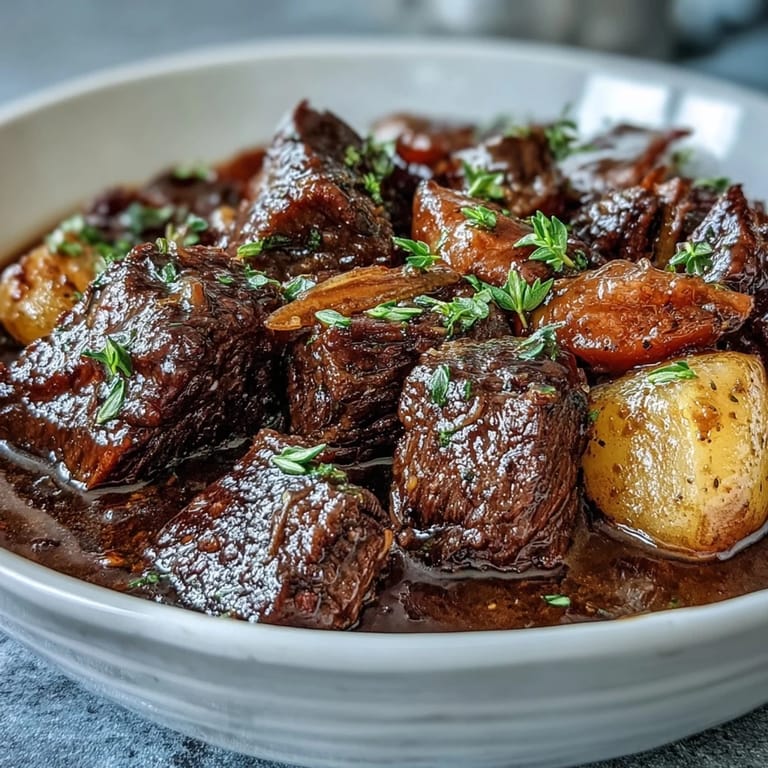 Slow-cooked beef stew with aromatic herbs, hearty vegetables, and deep flavors in every comforting spoonful.