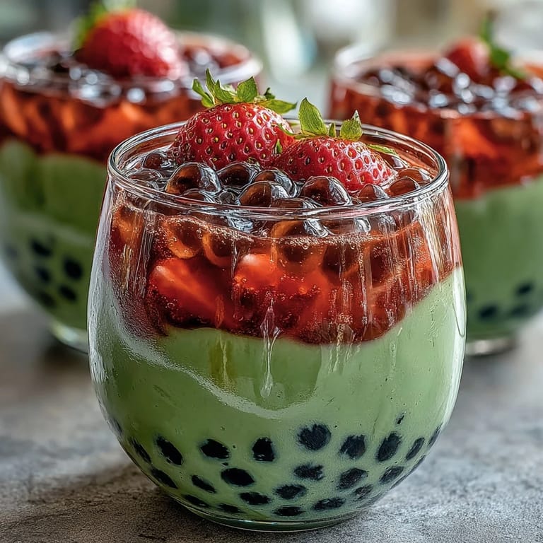 Layered strawberry matcha boba-inspired beverage featuring sweet strawberry purée, earthy matcha, and black tapioca pearls in a tall glass.