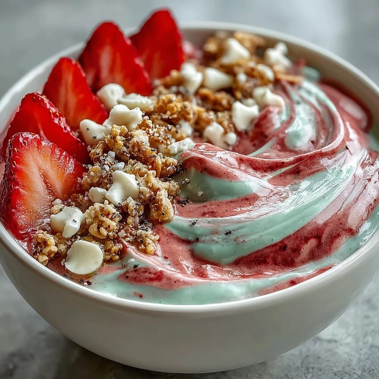 Vibrant matcha green tea and strawberry smoothie bowl layered like a café frappuccino, garnished with coconut flakes, chia seeds, and sliced strawberries.