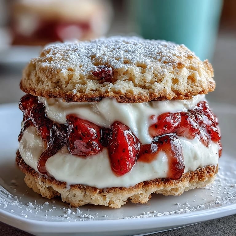Soft strawberry shortcake cookies layered with rich vanilla cream, offering a handheld twist on the classic summer dessert.