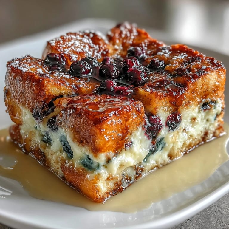 Zesty lemon custard-soaked sourdough cubes baked with fresh blueberries and cinnamon sugar for a comforting breakfast casserole.  