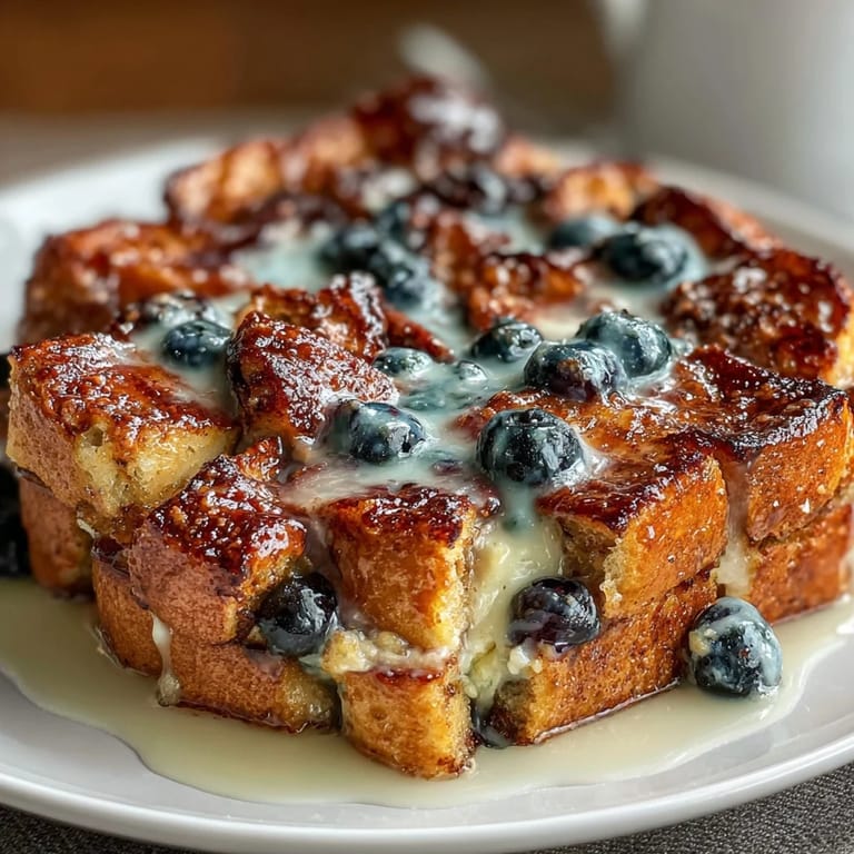 Warm sourdough French toast bake topped with melted butter and cinnamon sugar, bursting with lemon and blueberry flavor.