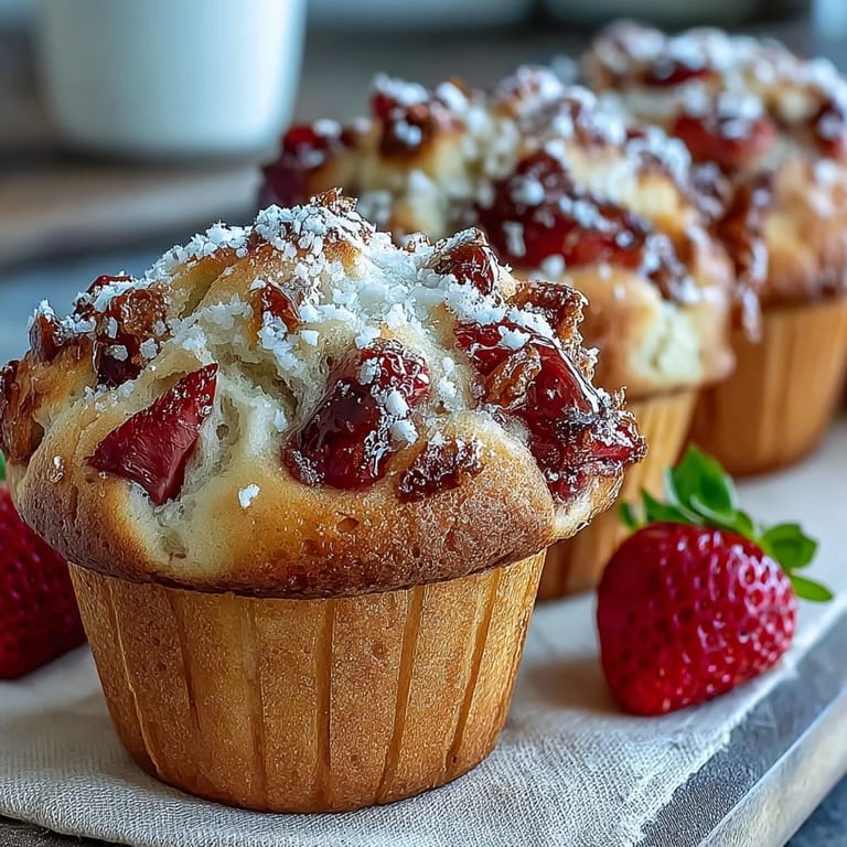 Golden-topped strawberry yogurt muffins filled with fresh berries, perfect for a quick morning snack or light dessert option.
