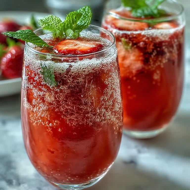Festive strawberry mimosa mocktail with fresh strawberries, orange juice, and sparkling water for a brunch delight.