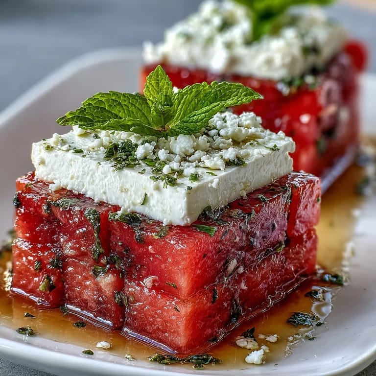 Colorful watermelon feta mint skewers drizzled with olive oil, perfect for parties and light bites.  