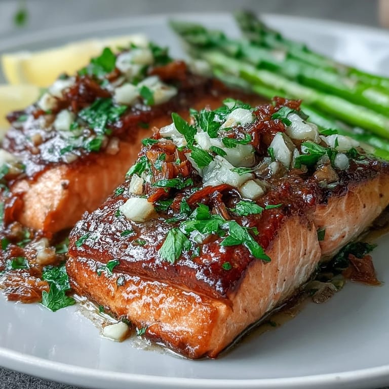 Asparagus and salmon fillets roasted to perfection, glistening with garlic butter, accented by bright lemon slices for a fresh spring dinner.