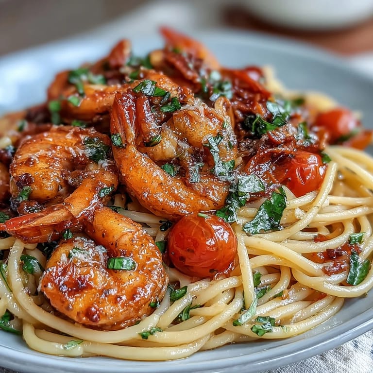 Colorful spring pasta dish with tender shrimp, snap peas, cherry tomatoes, and zucchini in a fragrant garlic and lemon broth.  