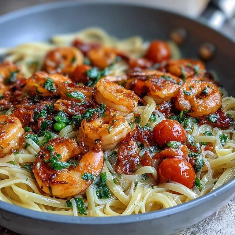 Easy Mediterranean-inspired one-pot meal with plump shrimp, angel hair pasta, and seasonal vegetables, topped with fresh parsley and Parmesan.