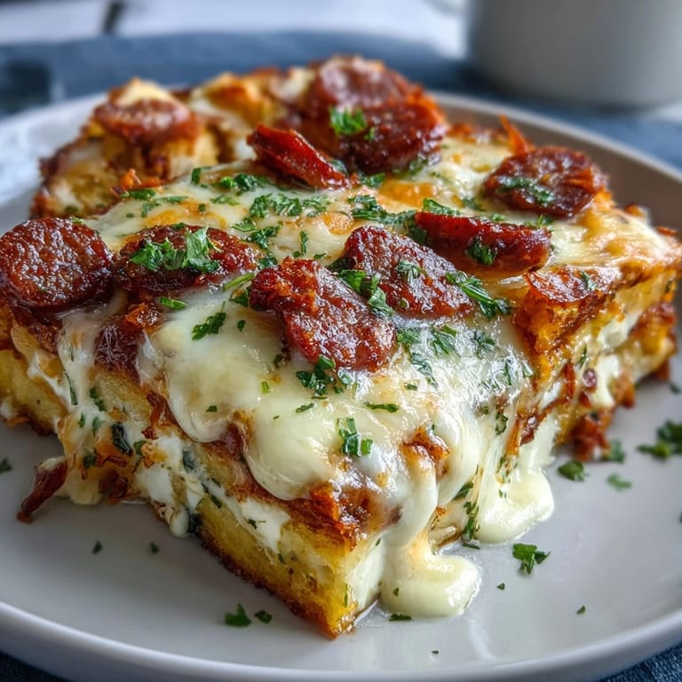 Hearty, layered Amish breakfast casserole packed with sausage, veggies, and melted cheese for a crowd.  