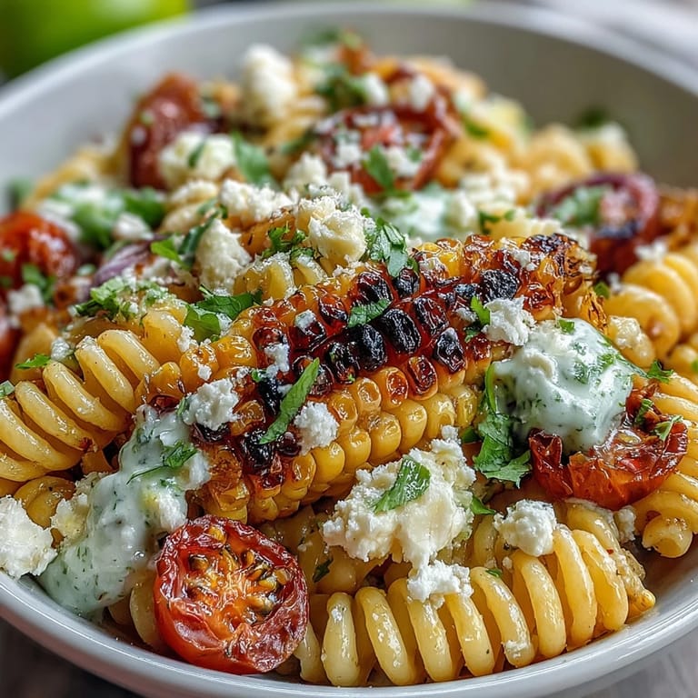 Creamy, tangy Mexican street corn elote pasta salad featuring grilled corn, fresh cilantro, and smoky chili spices, perfect for summer gatherings.
