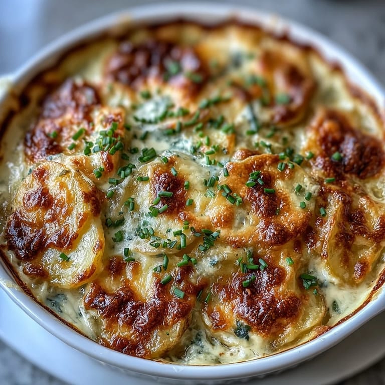 Layers of Yukon Gold potatoes smothered in garlic cream sauce, topped with melted Gruyère and Parmesan cheese.