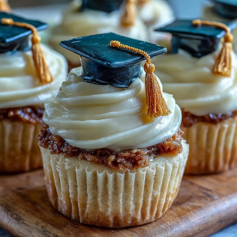 Easy graduation cupcakes with vanilla base, creamy frosting, and handmade fondant caps—perfect for parties.  