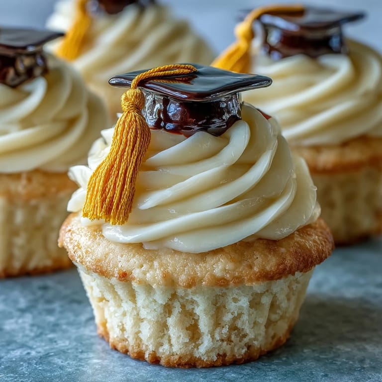 Celebrate with simple vanilla cupcakes, buttercream, and black fondant graduation caps for a sweet achievement treat.