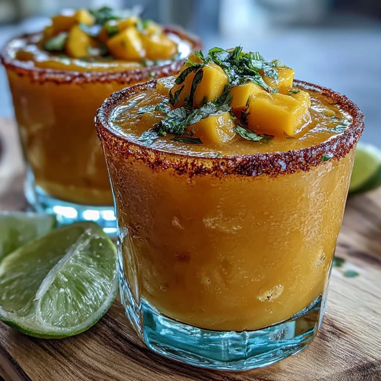 Refreshing frozen mango margarita mocktail, blending sweet mango with zesty lime, garnished with Tajín-seasoned rim and fresh mango slice.