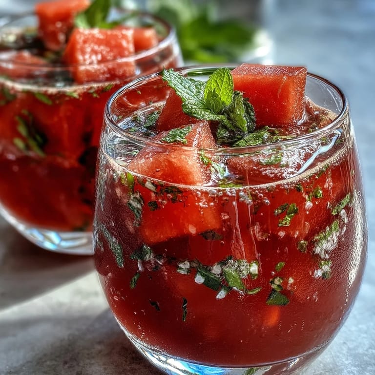 A tall glass of watermelon mint lemonade, garnished with lemon slices and mint sprigs, served over ice on a summer patio.