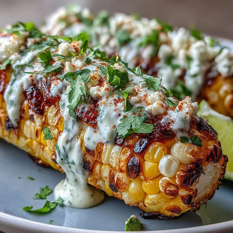 Smoky, charred corn elote style, drizzled with zesty lime-chili sauce and garnished with fresh herbs.
