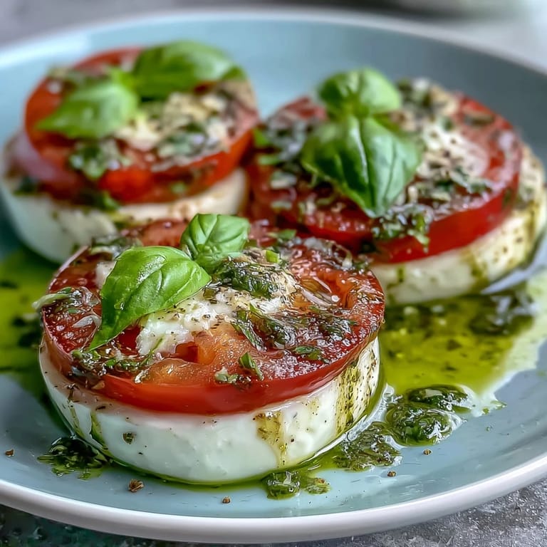 Colorful Caprese salad with basil oil drizzle, sliced tomatoes and mozzarella arranged with red onion and basil.