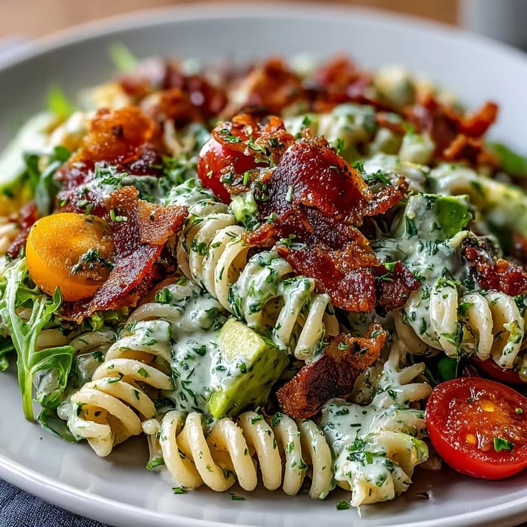 Colorful BLT pasta featuring al dente noodles, smoky bacon, ripe cherry tomatoes, and a smooth avocado ranch dressing for a fresh meal.