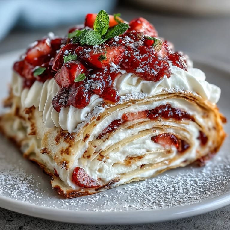 Elegant dessert featuring delicate crepes rolled with sweet cream and juicy berries, perfect for special occasions.
