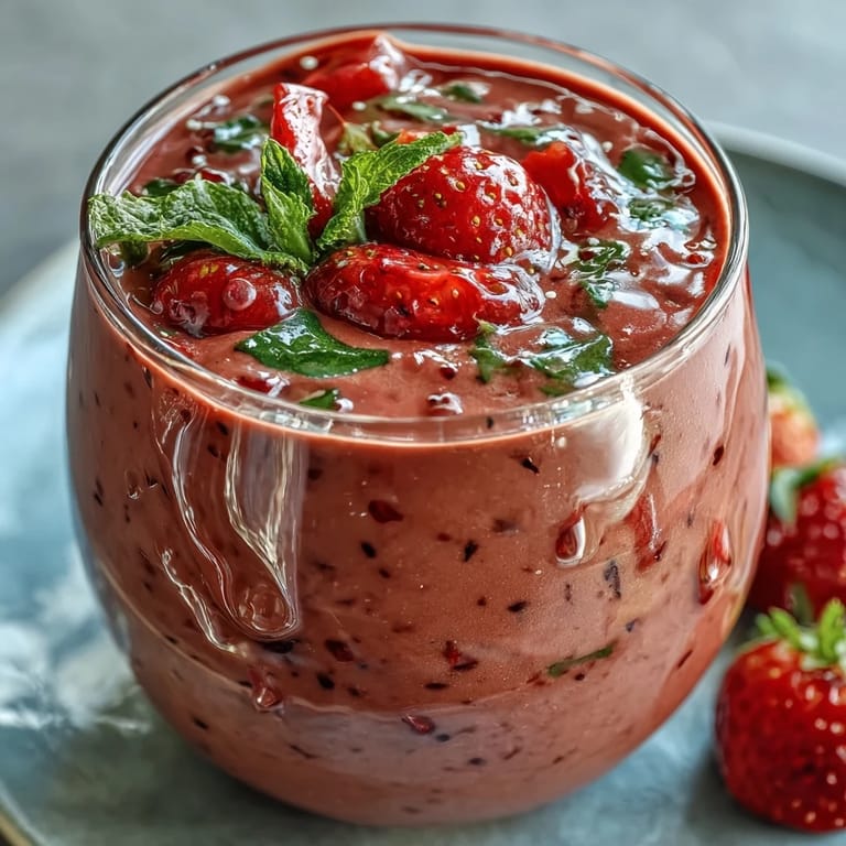 A creamy strawberry spinach smoothie with frozen banana and almond milk, perfect for a quick, nutritious breakfast.