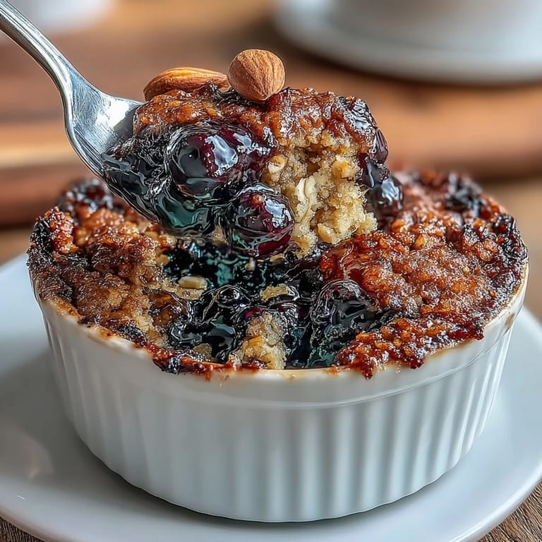 A comforting, single-serve blueberry baked oats dish, golden on top and bursting with fresh fruit flavor.  