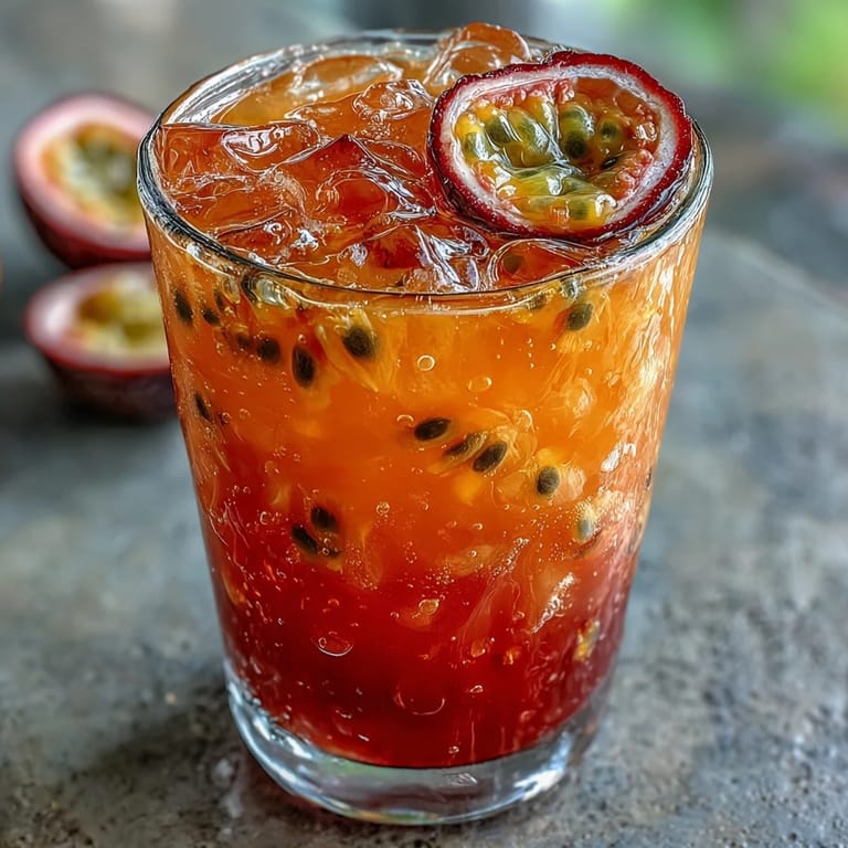 Refreshing passionfruit and orange mocktail with grenadine sunrise effect, garnished with fresh mint and orange slices.