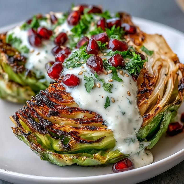 Charred cabbage wedges served with rich tahini sauce, bright parsley, and juicy pomegranate seeds—perfect for a healthy, gluten-free appetizer.