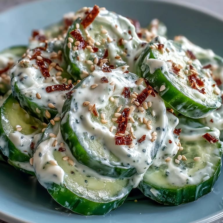 Creamy Everything Bagel Cucumber Salad - Thinly sliced cucumbers coated in tangy Greek yogurt dressing, finished with crunchy everything bagel seasoning for a satisfying crunch.