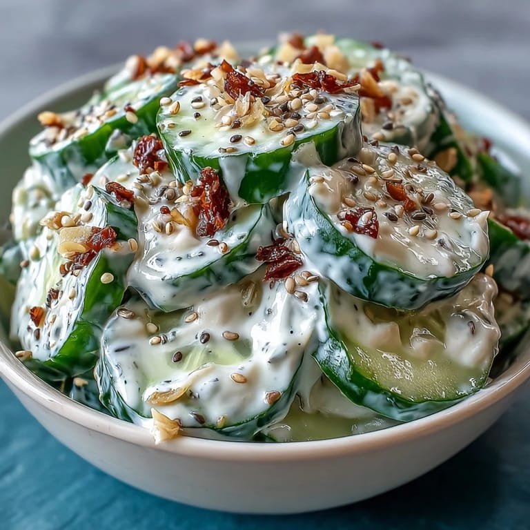 Everything Bagel Dressing Cucumber Salad - Cool, crisp cucumbers paired with zesty lemon-dill dressing and topped with bold everything bagel seasoning for a flavorful twist.