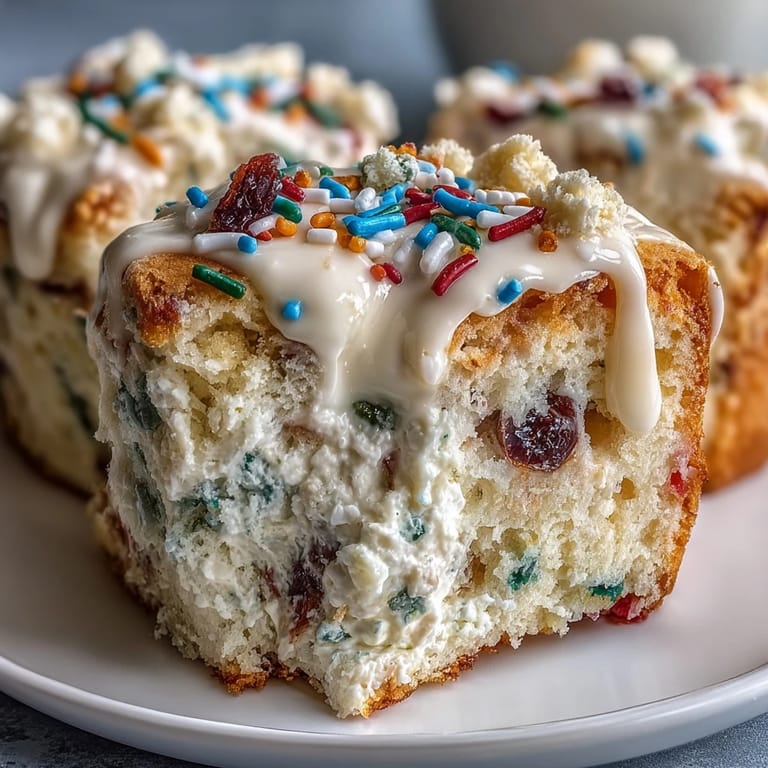 Fluffy funfetti cake layered with rich cream cheese funfetti dip, decorated with cheerful spring sprinkles for a festive birthday treat.  