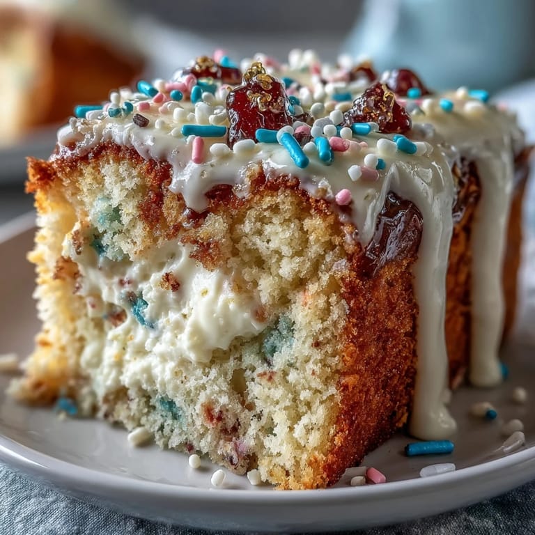 Cheerful Spring Birthday Party Sprinkle Funfetti Dip Cake, perfect for celebrations, featuring soft cake, creamy dip, and bright edible decorations.