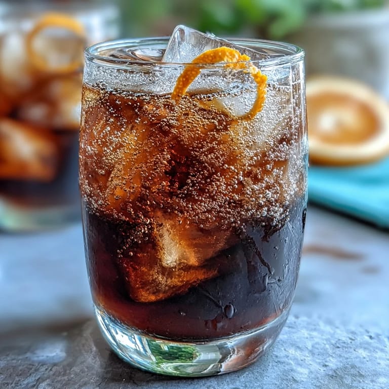 Close-up of cold brew coffee tonic with orange zest, showcasing the effervescent bubbles and aromatic citrus twist.
