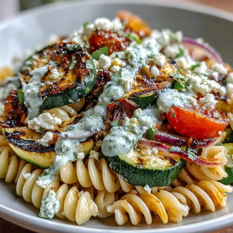 Fresh summer pasta salad featuring charred zucchini, juicy cherry tomatoes, and creamy Cotija cheese, perfect for outdoor gatherings.  