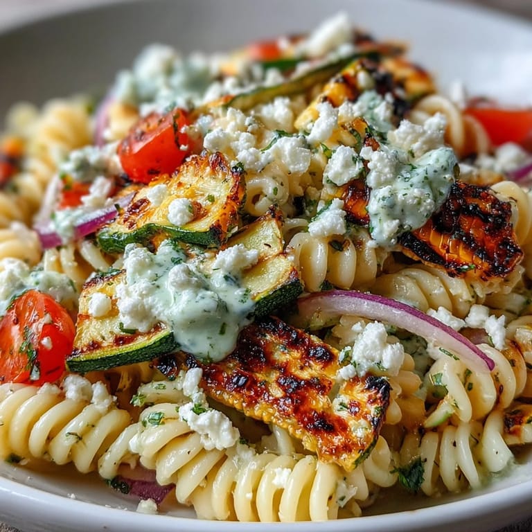 Vibrant vegetarian pasta salad with grilled zucchini, sweet corn, tangy Cotija, and a bright lime-cumin dressing.