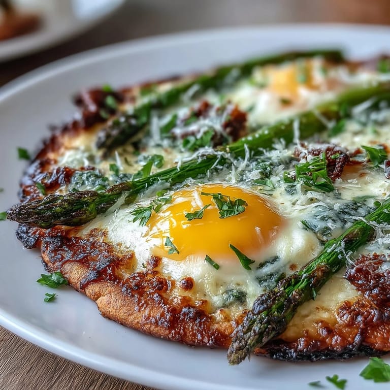Golden baked flatbread with fresh asparagus, cracked egg, and zesty parmesan, ideal for easy European-inspired meals.