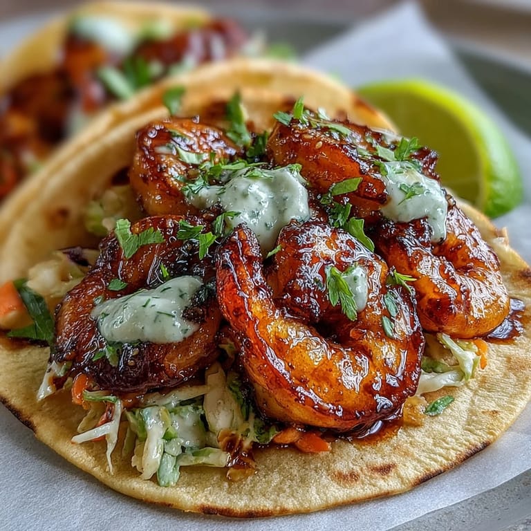 Warm tortillas filled with sweet and savory honey garlic shrimp, layered with zesty cabbage slaw and sliced avocado for a fresh, flavorful bite.  