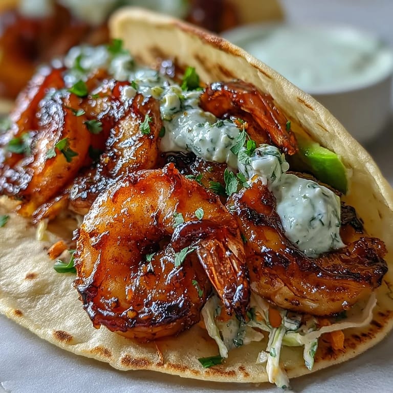 Close-up of honey garlic shrimp tacos featuring caramelized shrimp, vibrant red cabbage slaw, and a drizzle of lime crema, served on a rustic wooden board.