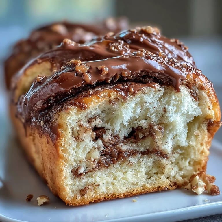 Nutella Babka: Soft, buttery brioche dough twisted with creamy Nutella filling, topped with chopped hazelnuts and a sweet syrup finish.