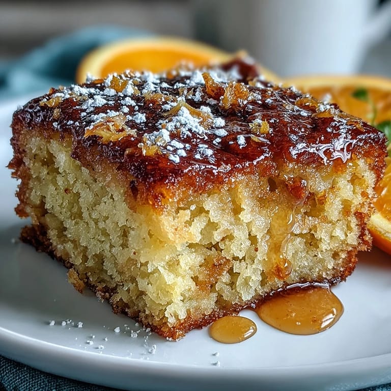 A rustic whole orange cake served on a wooden board, showcasing its golden crust and citrusy appeal.