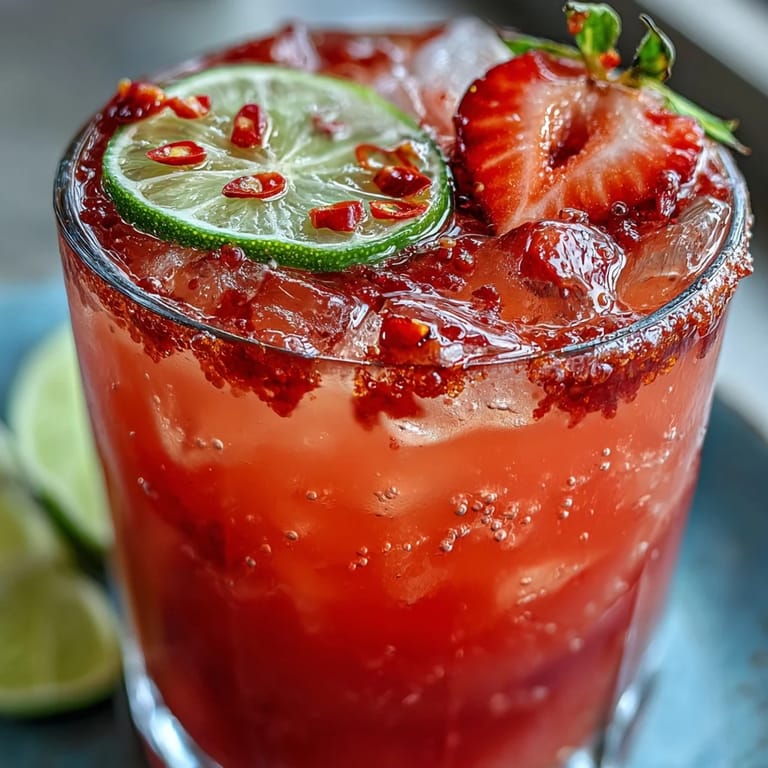 Refreshing strawberry chili limeade mocktail, perfect for a sunny afternoon refreshment.