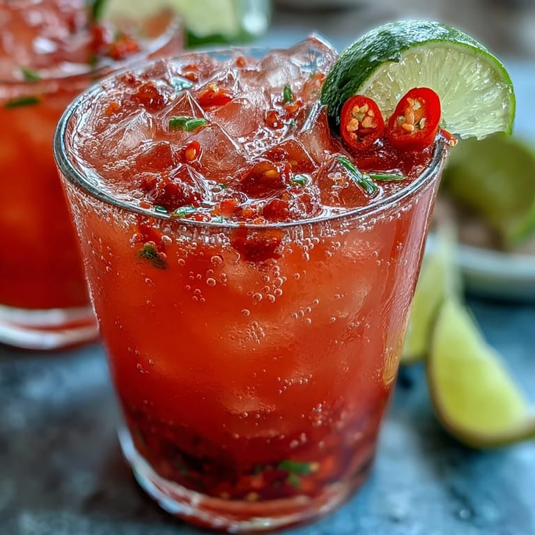 Chilled strawberry chili limeade mocktail garnished with lime slices and red chili.