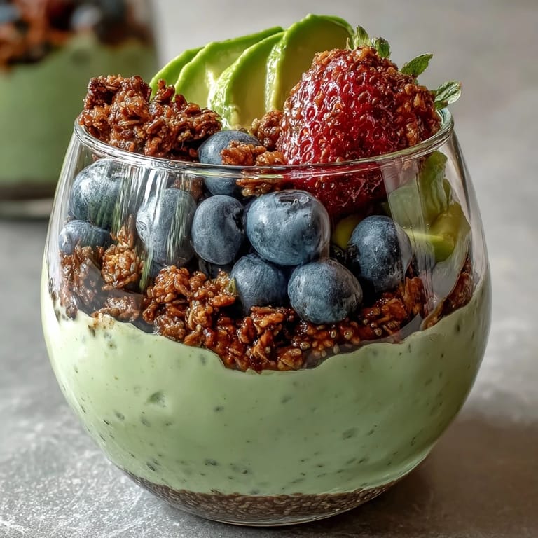 Fiber-Rich Avocado Chia Pudding Parfait, artfully layered for vibrant breakfast enjoyment.