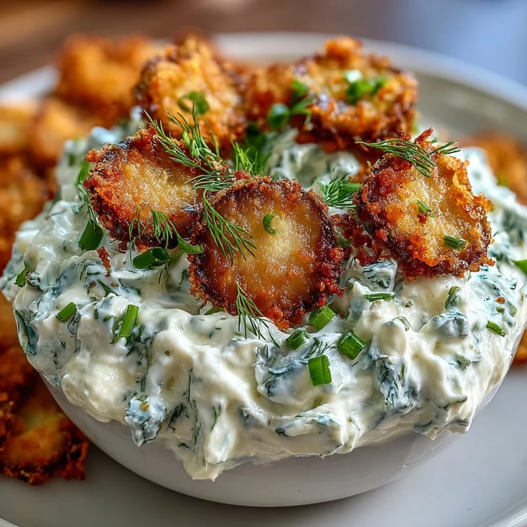 Delicious fried pickle dip recipe with fresh green onions and savory toppings.