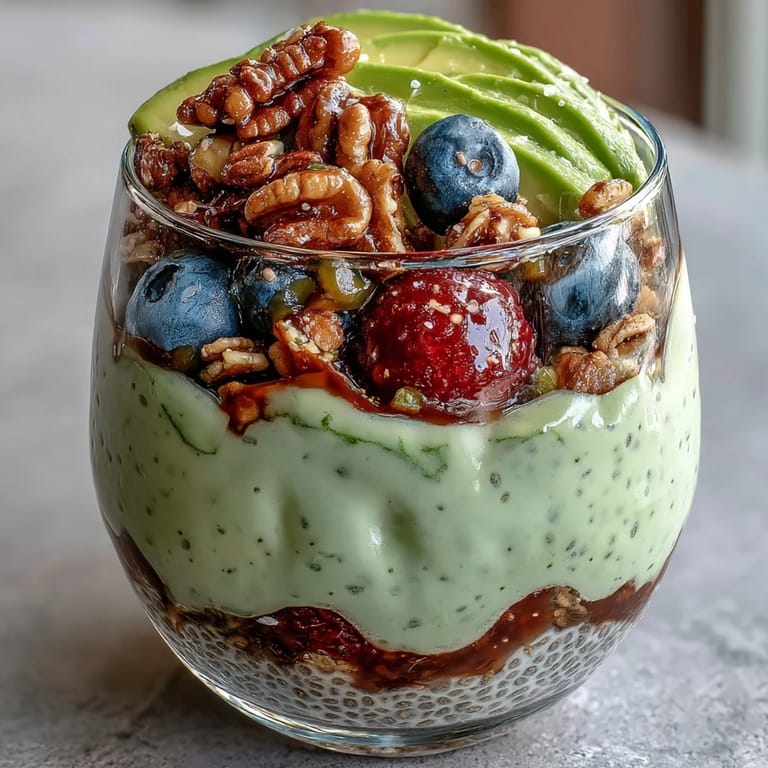 Creamy avocado chia pudding parfait bursting with fresh berries and crunchy granola topping.