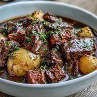A steaming bowl of cozy beef stew with tender beef chunks and vibrant root vegetables in a savory broth.  