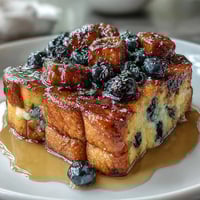Lemon blueberry sourdough French toast bake with golden crust and juicy berries, perfect for a bright weekend brunch.  