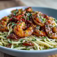 Vibrant one-pot garlic shrimp with angel hair pasta, featuring juicy shrimp, fresh vegetables, and a zesty lemon-garlic sauce.  